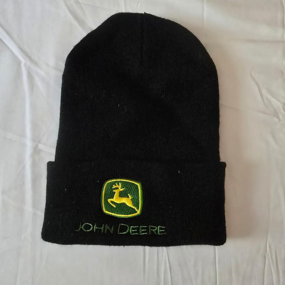 John Deere Logo Knit Beanie Hat Mens OSFM Black Cuffed Farming Workwear Cap